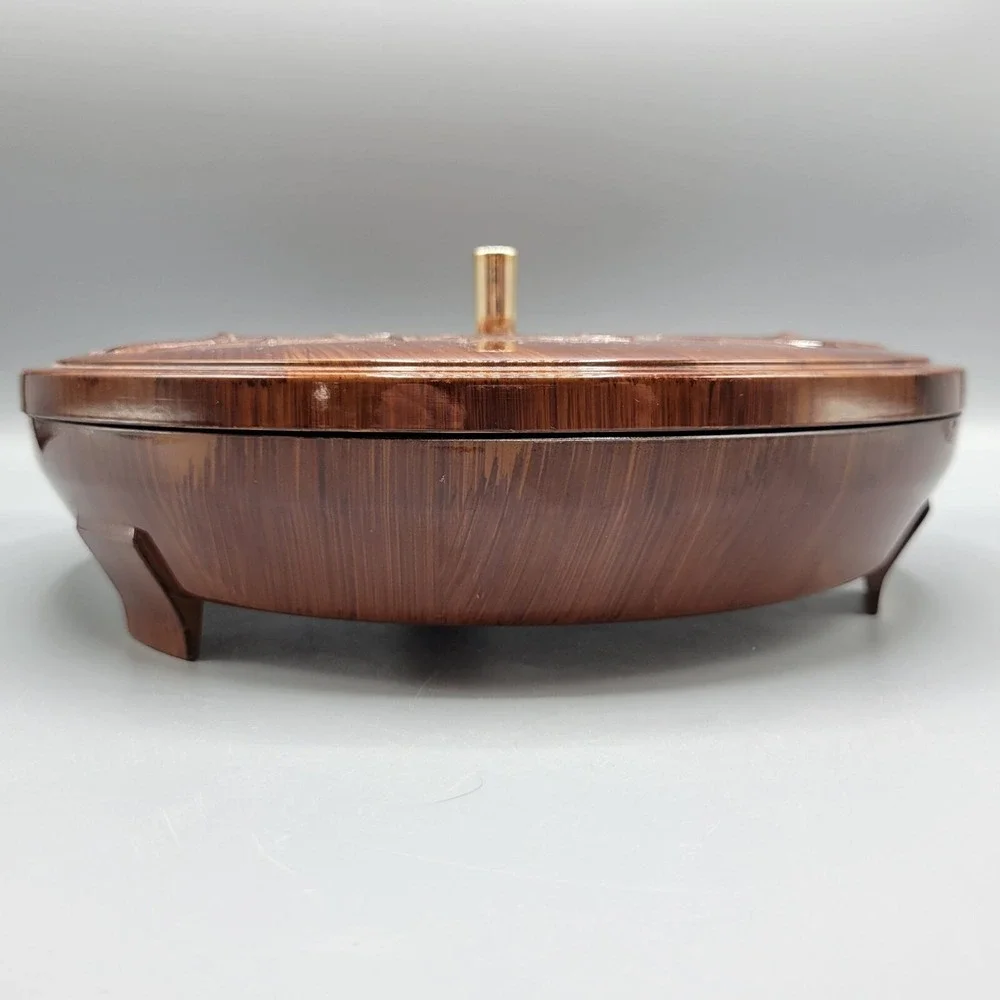 Vintage Plastic Round Lidded Divided Box Dish Asian Bamboo Design Glossy Finish